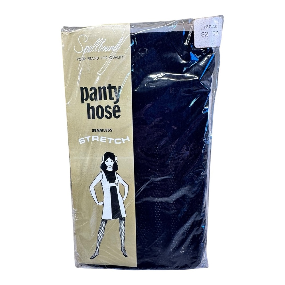 Vintage 60’s Spellbound Seamless Stretch Textured Pantyhose Black Petite